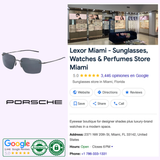 A Porsche Design P8923-C-6218-145-E59 Men Sunglasses ad features sleek gray titanium frames, Lexor Miami store details, Google reviews, opening hours, contact info, and certification badges on a clean white background.