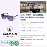 Screenshot highlighting Lexor Miami, a store for sunglasses, watches, and perfumes, featuring Balmain Sunglasses BPS-102N-146 Unisex. Includes Google reviews, location, business info, and contact details.