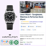 The Hamilton Watches Khaki Field Auto 42 mm H70605733, featuring Swiss automatic movement and a black leather strap, is displayed next to a 5-star Google review summary for Lexor Miami, a boutique for sunglasses and luxury watches.