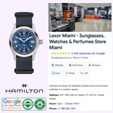 A Hamilton Watches Khaki Field Auto 38mm H70455940 is shown next to a Google listing for Lexor Miami, a boutique selling sunglasses, watches, and perfumes, with reviews, location details, and contact info displayed.