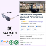 Image showing a Google listing for Lexor Miami - Sunglasses, Watches & Perfumes Store Miami, featuring Balmain 1914 BPS-103B 60 Unisex Sunglasses by Balmain Sunglasses, the Balmain Paris logo, store address, contact info, reviews and luxury eyewear details.