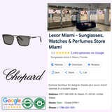 A Google listing for Lexor Miami, a luxury eyewear store, showcases Chopard Sunglasses SCH375 57705P (UPC: 190605562987) with store photo, Chopard logo, contact details, reviews, ratings, badges, and an image of the featured sunglasses.