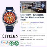 The Citizen BN0169-03X Eco-Drive Stainless Steel Men’s Watch by Citizen Watches, with its orange face and blue strap, is displayed next to a Google listing for Lexor Miami, a top-rated store for sunglasses, men's watches, perfumes, and more.