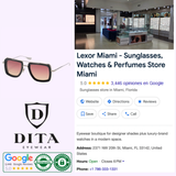 Image featuring Lexor Miami, a top-rated unisex sunglasses and perfumes store in Miami, FL. Showcases Dita Sunglasses DUBSIGNAL DTS465-A-03 Unisex (UPC 0810121956724), pink sunglasses, store photo, logo, address, hours & badges.