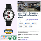A Fossil Watches SPORT TOURER FS6087 racing-inspired chronograph with a black strap is displayed next to an image of Lexor Miami store, showing its Google rating, location, authenticity seals, hours, phone number, and a 5-star review score.
