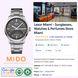 A Mido Watches Multifort IBA Limited Edition M0054301106181 is displayed beside a Google business listing for Lexor Miami, a sunglasses and perfumes shop, showing store photos, location, contact info, 5-star reviews, plus Mido and certification logos below.
