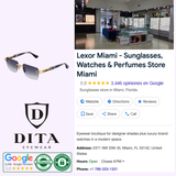 Collage with Dita Sunglasses logo, Dita Meta-Evo One DTS147-A-01 unisex sunglasses, designer and rimless eyewear, Google Lexor Miami business listing, store interior, contact info, hours, Google rating & certification badges.