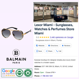 A Lexor Miami promo features Balmain BPS-125A-62 Captaine Unisex Sunglasses with oversized aviator frames. The image includes the Balmain Sunglasses logo, store info, contact details, and Google review rating to highlight this luxury accessory.