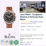 A Bulova Watches Chronograph A 98B427 Men with a brown leather strap is shown beside a Google listing for Lexor Miami, a men’s watch, sunglasses, and perfume store with interior photos, ratings, reviews, address, and contact details.