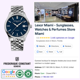 A Frederique Constant Classics Index Automatic FC-303NN5B6B watch is shown next to a Google business listing for Lexor Miami, a shop offering sunglasses, luxury timepieces, and perfumes, featuring contact info, location, and 5-star reviews.