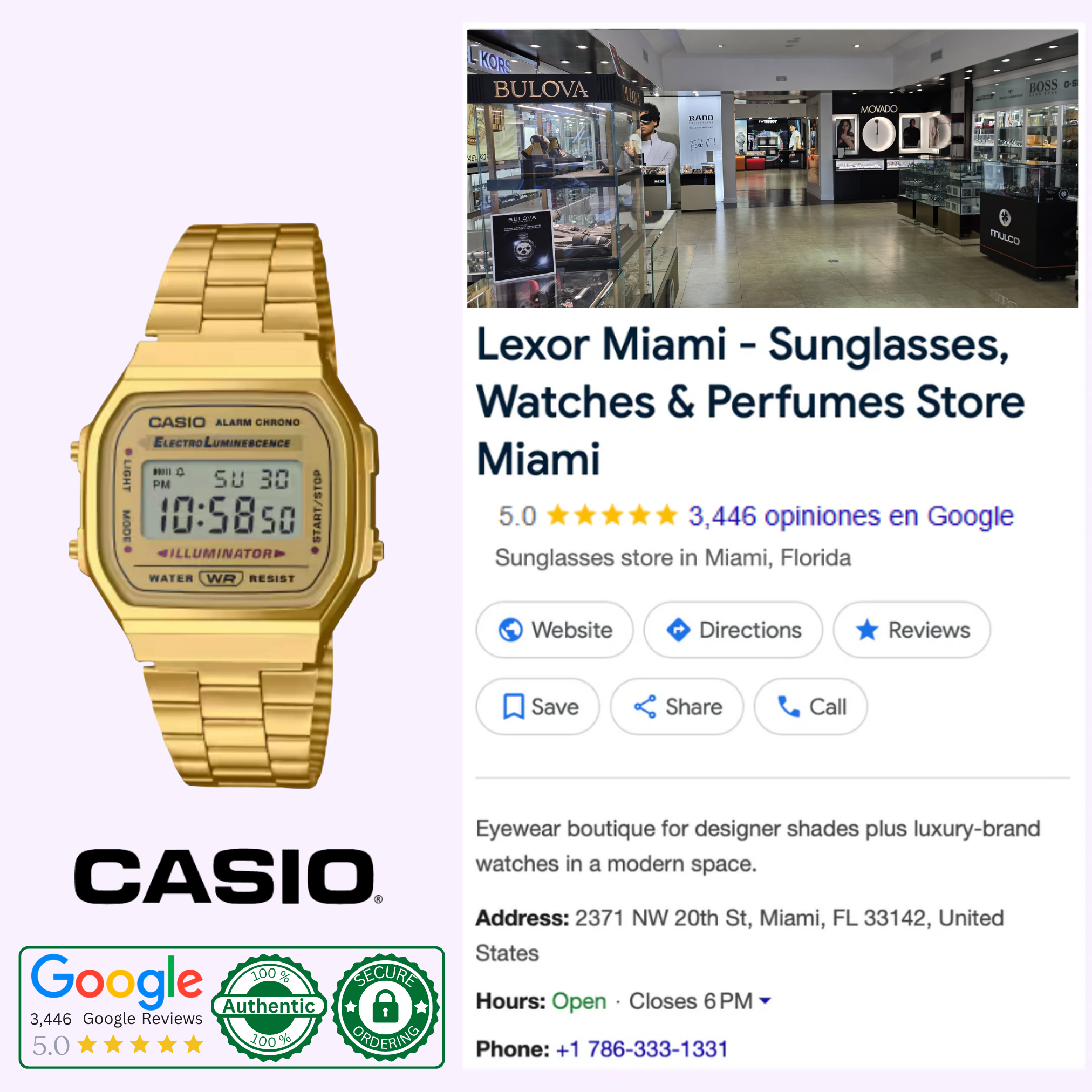 A CASIO Watch A168WG-9VT by G-Shock Watches is displayed beside a Google listing for Lexor Miami - Sunglasses, Watches & Perfumes Store, featuring the store interior, location details, ratings, and the Casio logo.