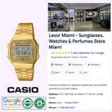 A CASIO Watch A168WG-9VT by G-Shock Watches is displayed beside a Google listing for Lexor Miami - Sunglasses, Watches & Perfumes Store, featuring the store interior, location details, ratings, and the Casio logo.