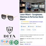 Promotional graphic for Lexor Miami sunglasses store showcases Dita Sunglasses DUBSIGNAL DTS465-A-01 Unisex (UPC 0810121956700), features the Dita Eyewear logo, store interior, address, contact info, hours, Google rating & authenticity seals.
