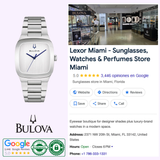 The Bulova Watches Millennia 96A336, a silver wristwatch with a dual-finished H-link bracelet, is pictured next to a Google listing for Lexor Miami – Sunglasses, Watches & Perfumes Store, showing store photo, info, reviews, and certifications.