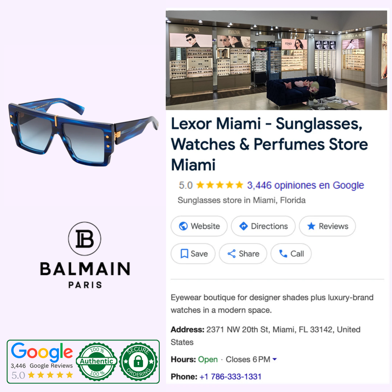 Lexor Miami luxury eyewear store, authorized Balmain dealer, Google reviews and store info