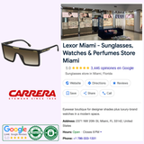 Image featuring Carrera Sunglasses VICTORY C 07/S 7C5 (UPC 197737059095) at Lexor Miami, an authorized Carrera dealer. Google listing highlights top reviews, address, contact info, business hours, and authenticity badges.