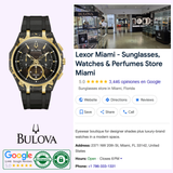 A Bulova Watches 98A328 NEW SPECIAL EDITION CURV Forged Carbon from Bulova Limited Edition Watches is shown beside a Google listing for Lexor Miami, a 5-star sunglasses, watches, and perfumes store with storefront photo and contact details.