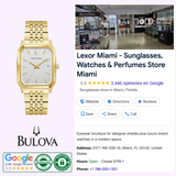 A Bulova Watches Racer "We Are All Here" 97B236 men’s watch is shown next to a Google business listing for Lexor Miami, a sunglasses and watch store, with store details, hours, ratings, and a modern storefront photo.