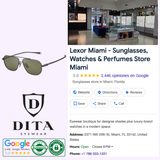 Screenshot of Lexor Miami’s Google listing featuring a modern eyewear store, Dita Sunglasses brand display, Dita Sunglasses DLS424-A-03 LSA-424 model, business info, contact details, customer ratings, and highlights on polarized lenses and high contrast.