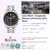 A Bulova Watches Lunar Pilot Men Watch 96K111 is pictured beside a Google business listing for Lexor Miami - Sunglasses, Watches & Perfumes Store, featuring store photos, info, reviews, hours, contact details, and certification badges.