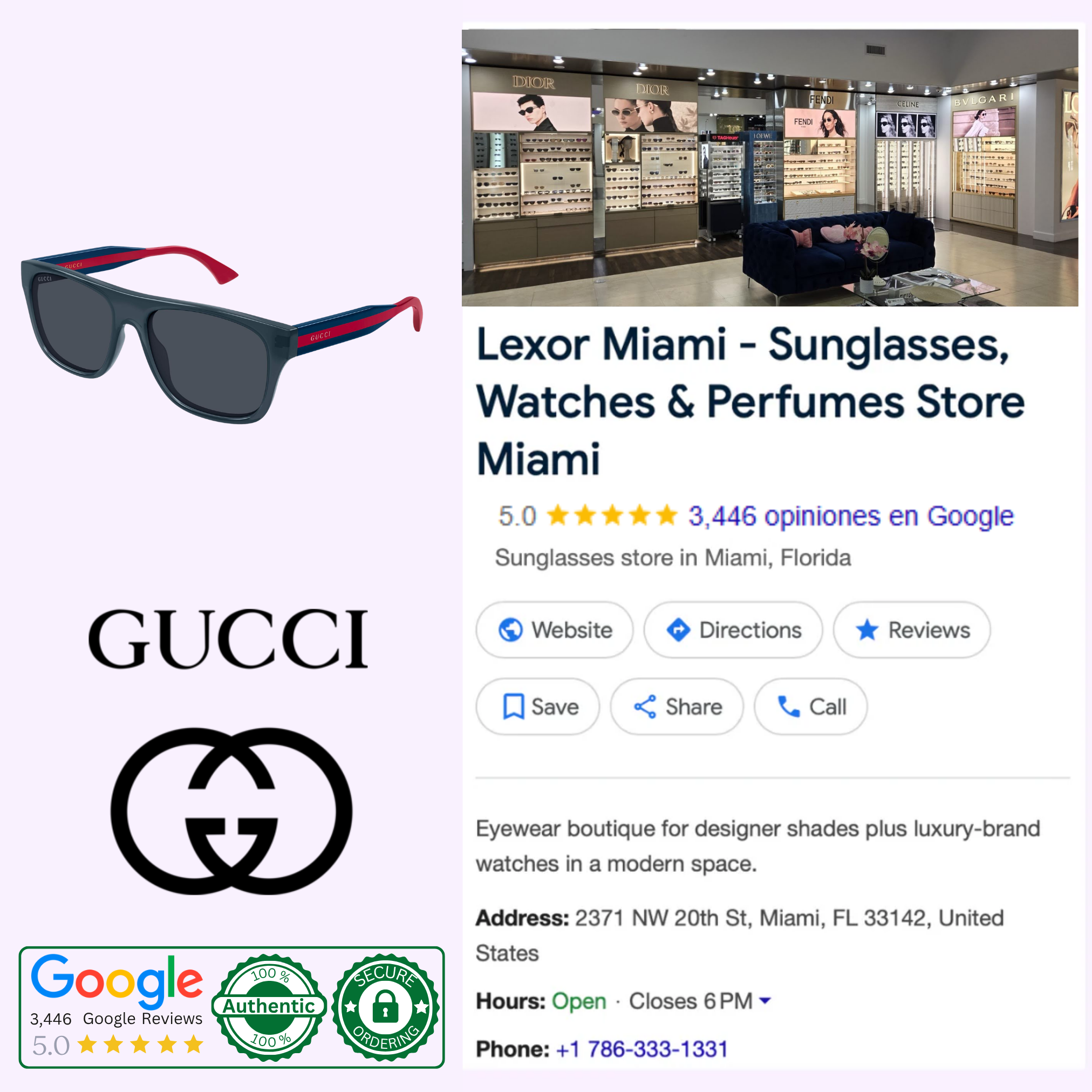 Collage with Gucci Sunglasses GG2119S-004 56, the Gucci logo, Google reviews, authenticity badges, and Lexor Miami - Sunglasses, Watches & Perfumes Store's Google business listing, highlighted with luxury fashion details and high ratings.
