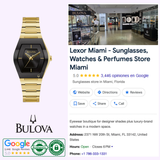A Bulova Gemini 97L164 women’s watch by Bulova Watches is displayed next to a Google listing for Lexor Miami, a store selling sunglasses, watches, and perfumes, with ratings, address, hours, and contact details shown.