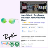 Screenshot displays the Lexor Miami sunglasses store on Google, rated 5 stars, featuring Ray-Ban RB4210 646/3R 50 Unisex Sunglasses with official branding and certification badges alongside an image of the store’s interior.