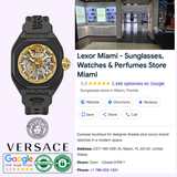 On the left, Versace Watches’ VE7L00123 V-Legend Skeleton Black Strap Automatic Watch with a bold black and gold look; on the right, a Google listing for Lexor Miami showing store images, reviews, contact info, and business hours.