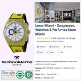 A Thechnomarine 114023 Cruise Tribute Columbia Edition by Britto unisex watch is shown beside Lexor Miami’s Google business listing, a 5-star store for sunglasses, watches, and perfumes with photos and contact details.