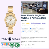 The Tory Burch Watches THE MILLER ROUND TBW9060 women’s gold-tone stainless steel watch is displayed next to a Google listing for Lexor Miami - Sunglasses, Watches & Perfumes Store, showing its details, location, hours, and customer ratings.