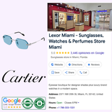 Collage highlights Cartier Sunglasses CT0616S-005 54, the Cartier logo, and a 5-star Lexor Miami Google listing with store photo, contact info, certification badges—all on a light background.