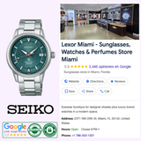A Seiko Luxe Watches PROSPEX ALPINIST SPECIAL EDITION SPB289 is featured beside a Google listing for Lexor Miami, a retailer of sunglasses, watches, and perfumes with store photos, contact details, reviews, and certification badges.