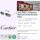 Collage featuring the Cartier logo, Cartier Sunglasses CT0550S-008 56, Lexor Miami store interior, Google review ratings, and luxury Cartier eyewear, watches, and perfumes available in Miami.