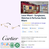 Google listing for Lexor Miami, featuring Cartier Optical Frames CT0487O-001 57 by Cartier Sunglasses, luxury eyewear, 5-star rating, store info, Cartier logo, authenticity and Google review badges.