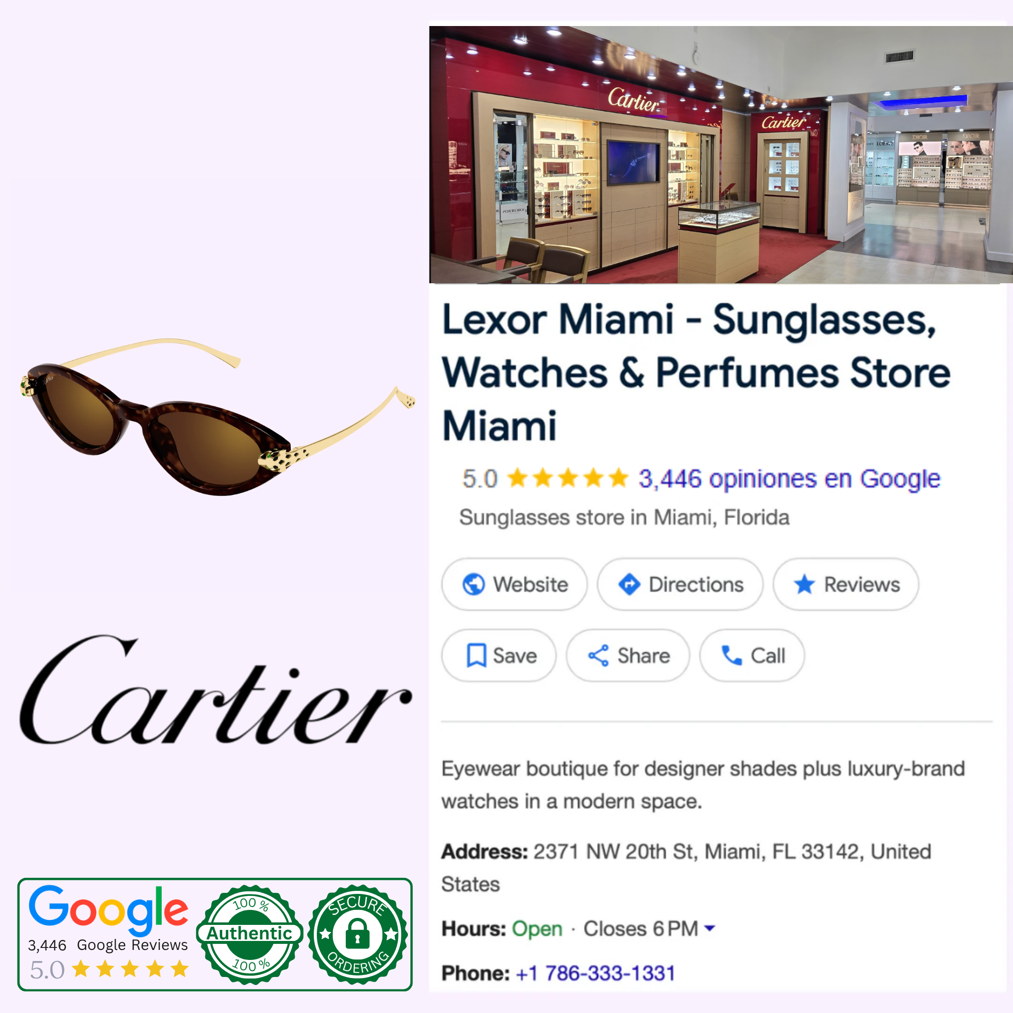 Image features the Cartier logo, luxury eyewear including Cartier Sunglasses CT0634S-002 52, and a Google listing for Lexor Miami—a retailer of sunglasses, watches, and perfumes—with store photo, address, hours, and ratings.