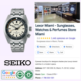 A Seiko Luxe Watches PROSPEX SPEEDTIMER MECHANICAL SPB513 is displayed beside a Google listing for Lexor Miami, a 5-star store selling sunglasses, watches, and perfumes, with complete address and contact information shown.