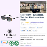 Promotional image for Lexor Miami - Sunglasses, Watches & Perfumes Store featuring a Balmain Paris logo, store photo, address, hours, Google reviews, contact info, and Balmain Sunglasses BRIGADE-V BPS-142E-56 Unisex.