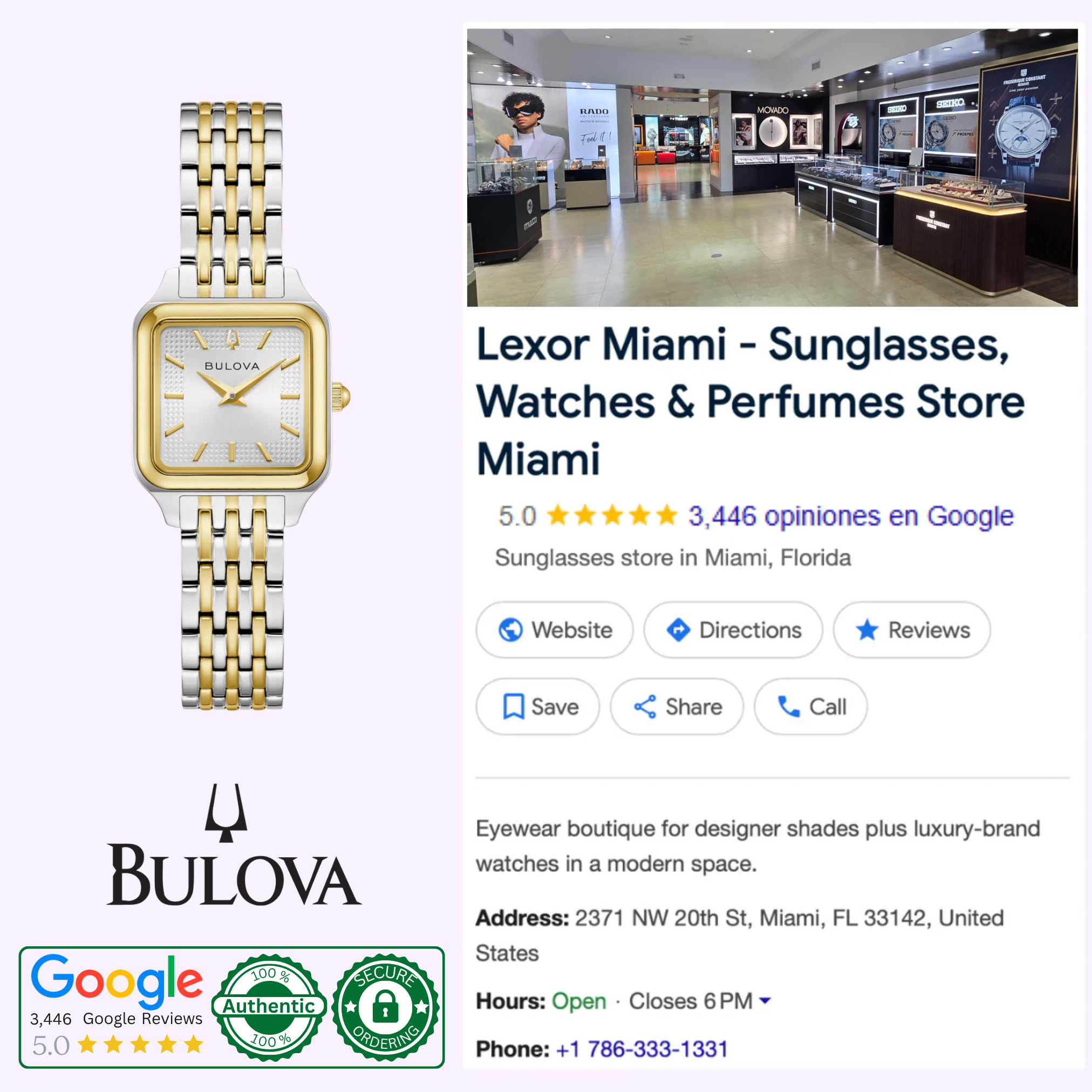 A Bulova Watches Sutton 98L330 women’s two-tone timepiece with a stainless steel bracelet is shown beside a Google listing for Lexor Miami, a boutique featuring sunglasses, watches, perfumes, reviews, and store hours.