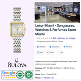 A Bulova Watches Sutton 98L330 women’s two-tone timepiece with a stainless steel bracelet is shown beside a Google listing for Lexor Miami, a boutique featuring sunglasses, watches, perfumes, reviews, and store hours.