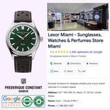 A Frederique Constant Vintage Rally Healey Automatic FC-301HGRS5B26 watch appears beside a Google listing for Lexor Miami, a 5-star-rated store with 3,446 reviews, offering sunglasses, watches, and perfumes.