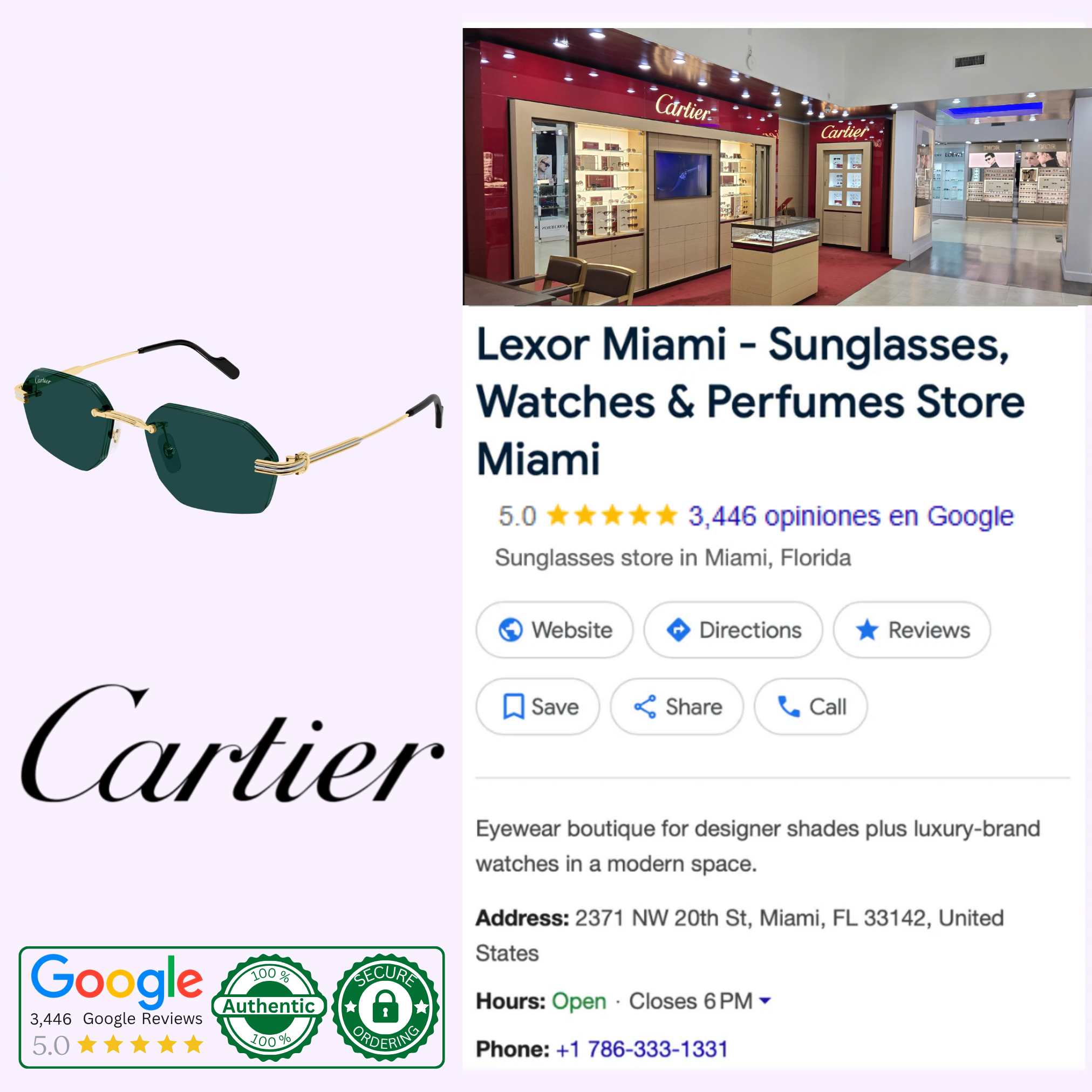 Collage shows Cartier Sunglasses CT0616S-003 54, the Cartier logo, and a Google listing for Lexor Miami—a top-rated Miami boutique offering sunglasses, watches, and perfumes.