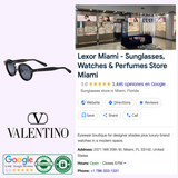 A digital collage features Cartier Sunglasses CT0474S-005 UNISEX, the Cartier logo, a Google listing for Lexor Miami sunglasses store with contact info, and icons for Google reviews and authenticity—highlighting unisex luxury eyewear.