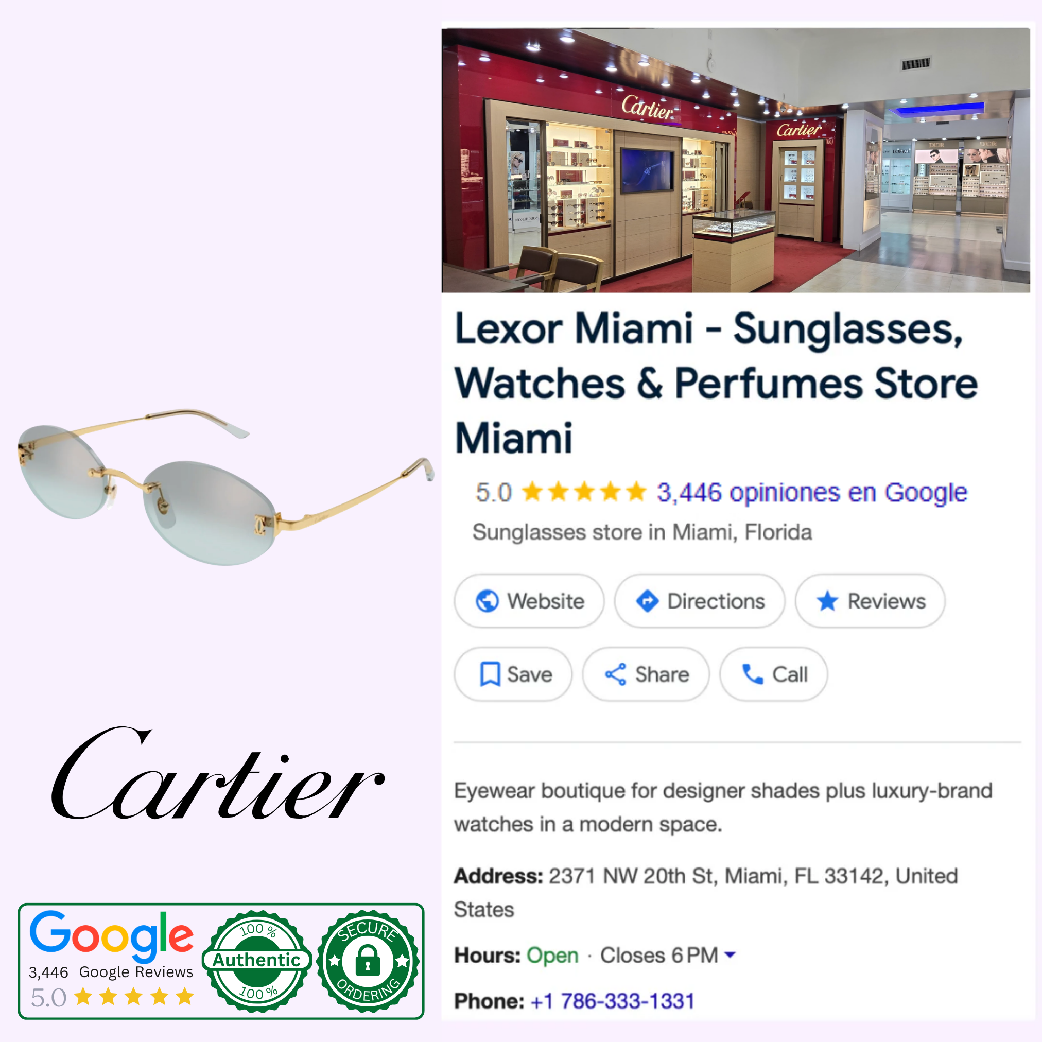 A promo image for Lexor Miami featuring the Cartier Sunglasses CT0592S-004 55, an authentic Cartier store interior, the Cartier logo, Google reviews, authenticity badges, store details with contact info, and a 5-star rating.