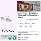A promo image for Lexor Miami featuring the Cartier Sunglasses CT0592S-004 55, an authentic Cartier store interior, the Cartier logo, Google reviews, authenticity badges, store details with contact info, and a 5-star rating.