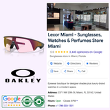 Collage features Oakley Meta Sunglasses, Oakley Meta Vanguard Sunglasses 0OW8001 800109, Oakley logo, eyewear displays in-store, Lexor Miamis online listing with address, hours, phone number, green authentication badge & 5-star Google reviews.