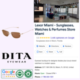A collage featuring Dita Sunglasses LSA-120 DLS120-A-01, the Dita Sunglasses logo, Google review ratings, and a screenshot of Lexor Miami store details—address, hours, contact info, and an interior shot of the eyewear boutique.