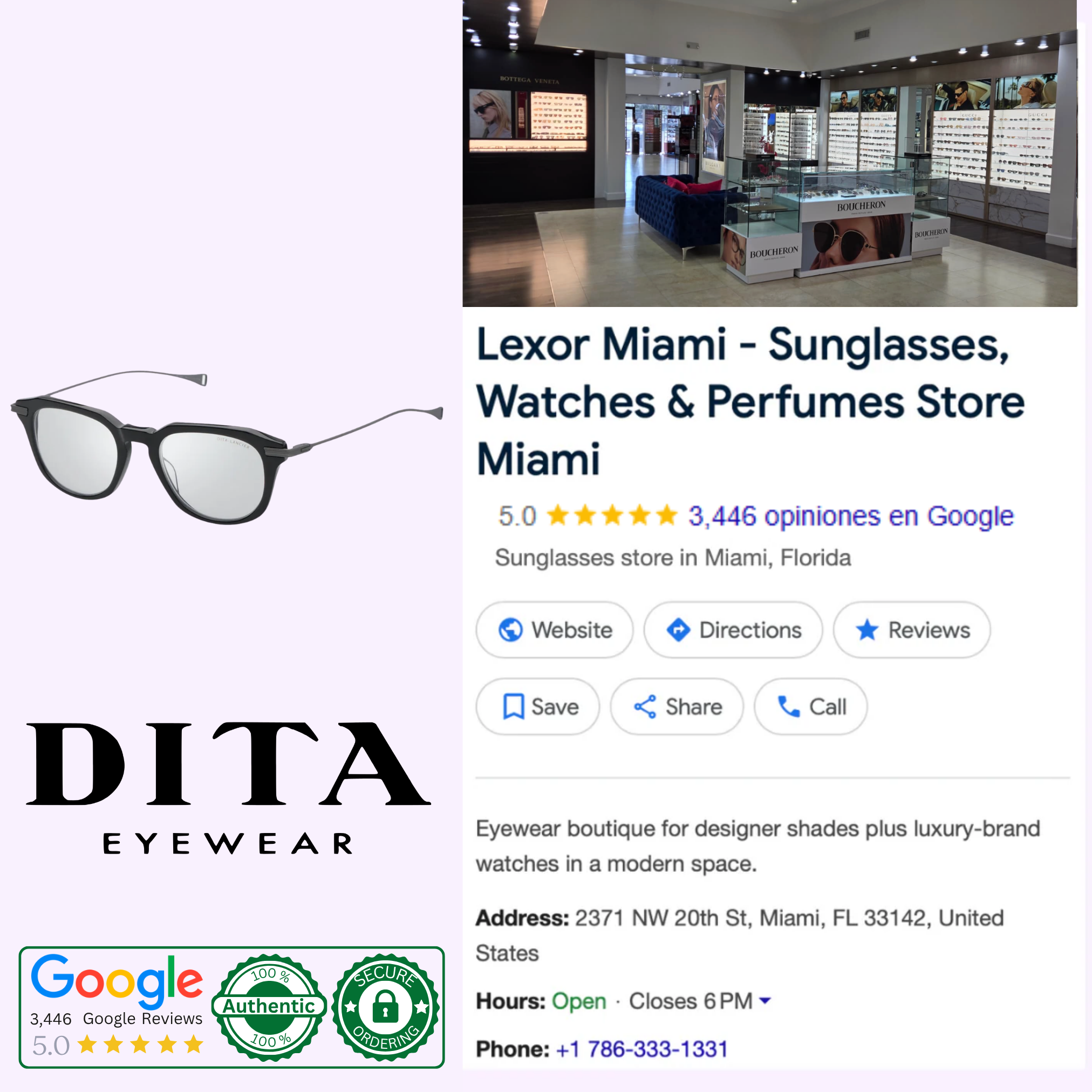 Screenshot of a Lexor Miami Google business listing with store info, hours, reviews, and contact details, plus images of Dita Optical Frames DLX434-A-01 LSA-434 and premium sunglasses by Dita Sunglasses.