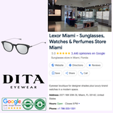 Screenshot of a Lexor Miami Google business listing with store info, hours, reviews, and contact details, plus images of Dita Optical Frames DLX434-A-01 LSA-434 and premium sunglasses by Dita Sunglasses.