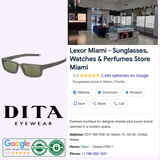Collage with Dita Sunglasses DLS714-A-03 LSA-714, the Dita Sunglasses logo, Google review badges, and Lexor Miami's Google listing. Highlights luxury eyewear and Japanese craftsmanship on a light purple background.