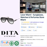 Collage features a Google listing for a Miami store, the Dita Sunglasses logo, black DTS460-A-02 GRAND-DECADE Limited Edition aviators, review icons, store details, ratings, and highlights luxury eyewear by Dita Sunglasses.